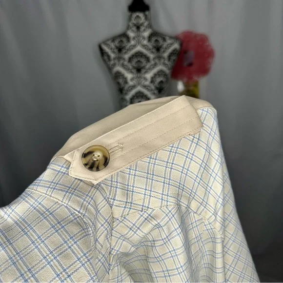 NWT Avec Les Filles Tan and Blue Plaid patchwork Trenchcoat Medium - Picture 13 of 16
